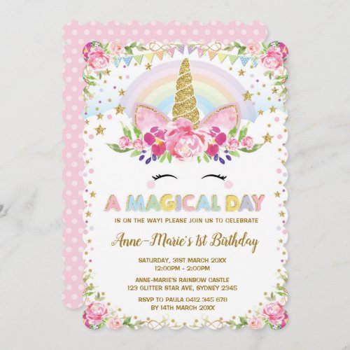 Floral Unicorn Birthday Pink Gold Party Invite