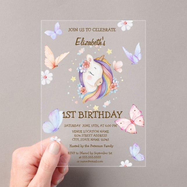  Floral Unicorn Butterflies Striped Birthday   Acrylic Invitations (Insitu (Handheld))