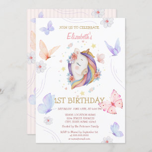 Floral Unicorn Butterflies Striped Birthday   Invitation