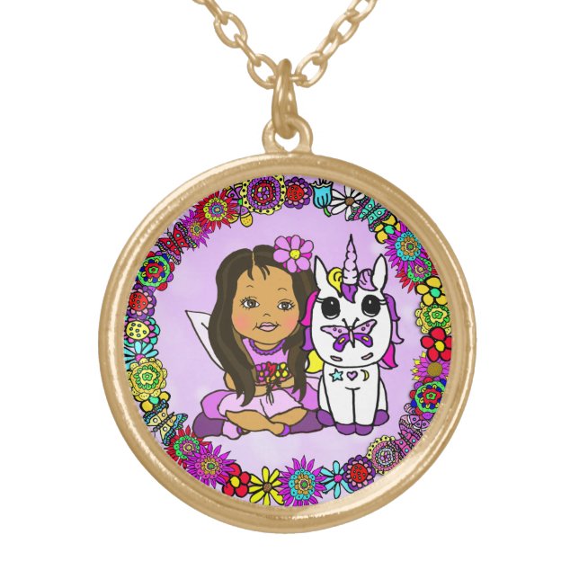 Floral Unicorn, Butterfly  and Fairy Gold Plated Necklace (Front)