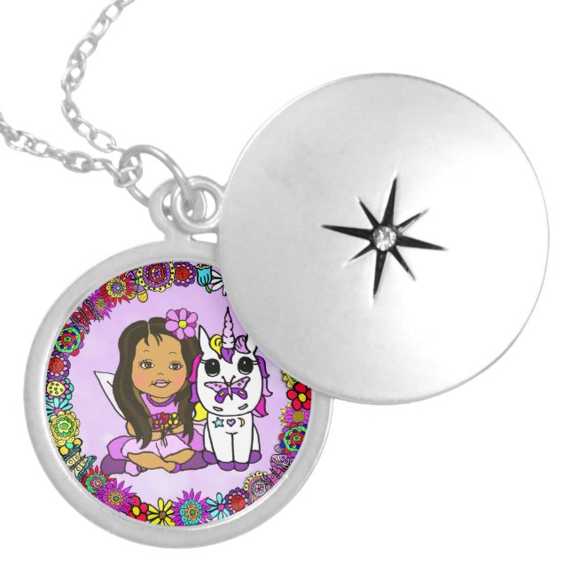 Floral Unicorn, Butterfly  and Fairy Locket Necklace (Front)