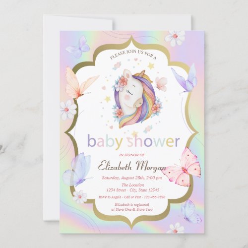 Floral Unicorn Butterfly Holographic Baby Shower  Invitation