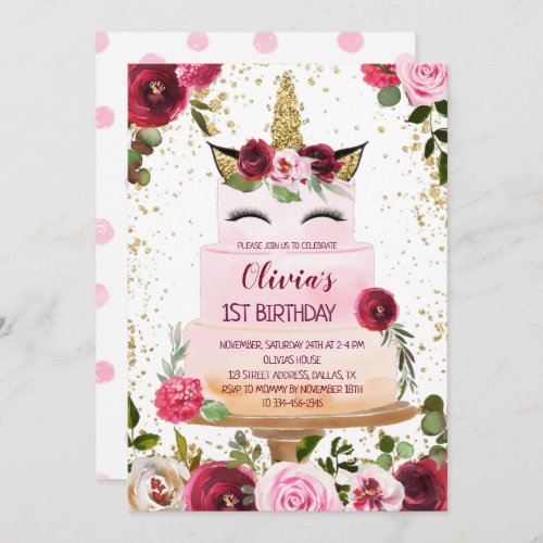 Floral Unicorn Cake Birthday Invitation