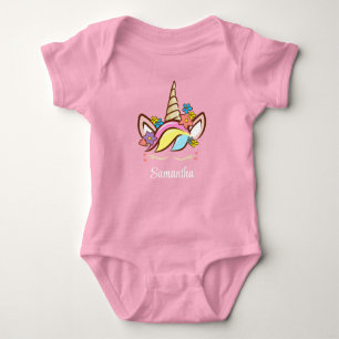 Floral Unicorn Colorful Girl Name Baby Bodysuit