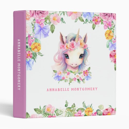 Floral Unicorn Cute Custom Name Purple Kids School 3 Ring Binder