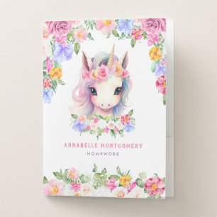 Floral Unicorn Cute Custom Name Purple Kids School Pocket Folder