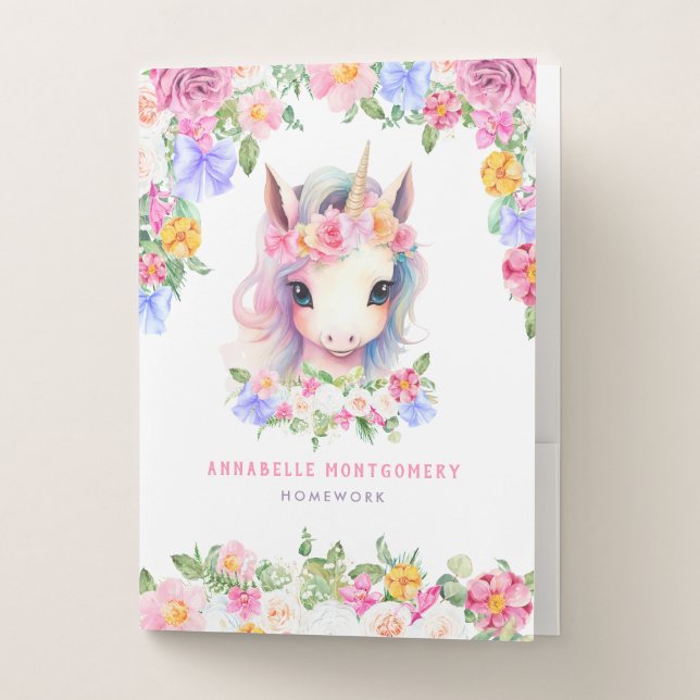 Floral Unicorn Cute Custom Name Purple Kids School Pocket Folder (Front)