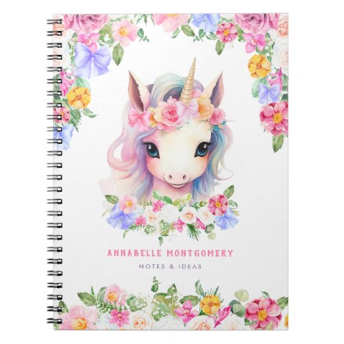 Floral Unicorn Cute Girly Custom Name Kids School Notebook