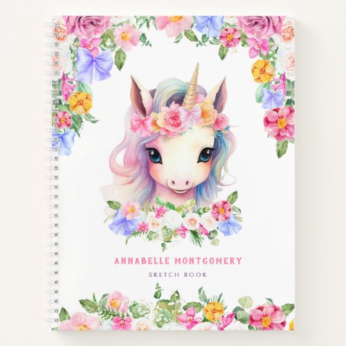 Floral Unicorn Cute Girly Custom Name Kids Sketch Notebook