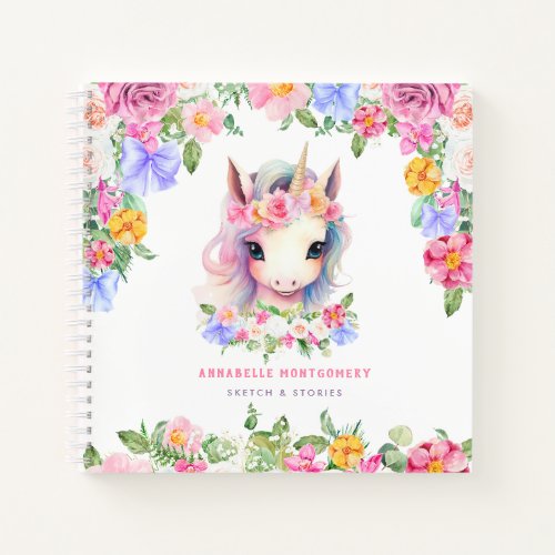 Floral Unicorn Cute Girly Custom Name kids Sketch Notebook