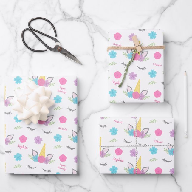 Floral Unicorn Face Birthday Personalized Wrapping Paper Sheets (Front)