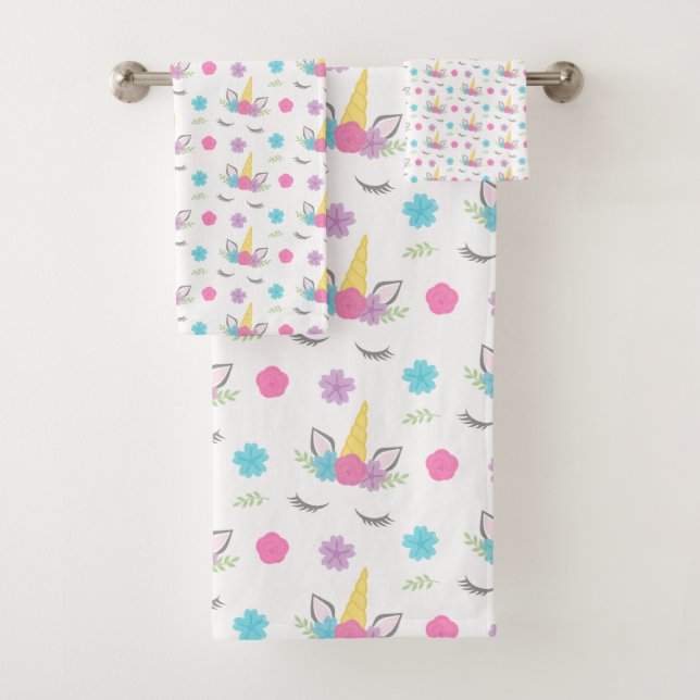 Floral Unicorn Face Pattern Kids Bath Towel Set (Insitu)