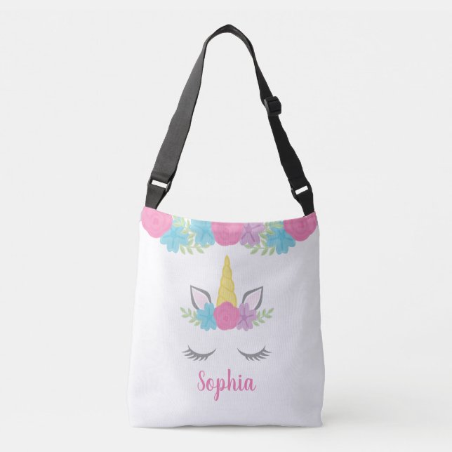 Floral Unicorn Face Personalized Crossbody Bag (Front)