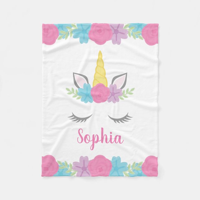 Floral Unicorn Face Personalized Fleece Blanket (Front)