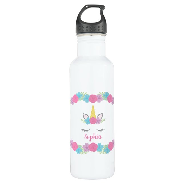 Floral Unicorn Face Personalized Girl Stainless Steel Water Bottle (Front)