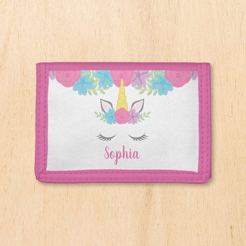 Floral Unicorn Face Personalized Girls Trifold Wallet