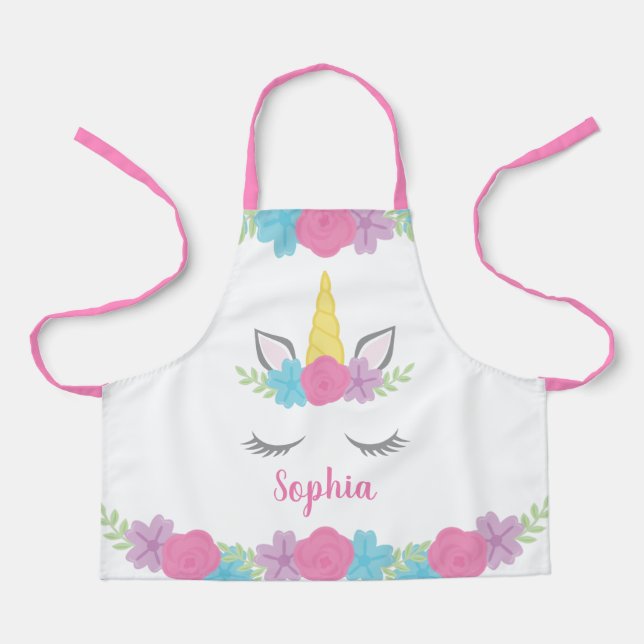 Floral Unicorn Face Personalized Kids Apron (Front)