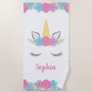 Floral Unicorn Face Personalized Kids Beach Towel