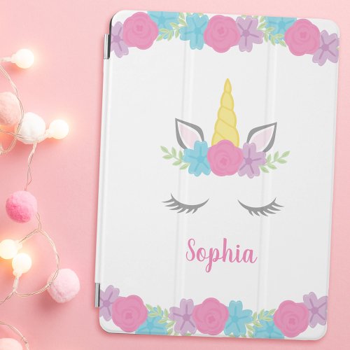 Floral Unicorn Face Personalized Kids iPad Air Cover