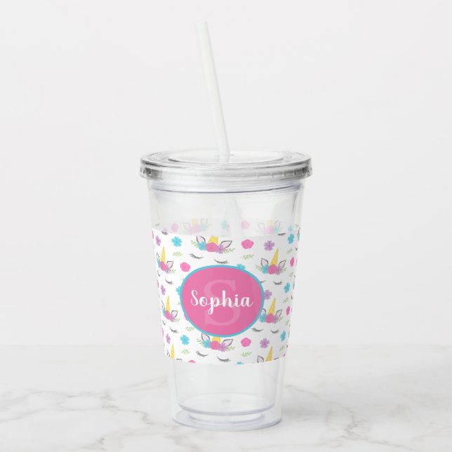 Floral Unicorn Face Personalized Monogram Acrylic Tumbler (Left)