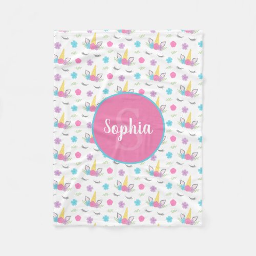 Floral Unicorn Face Personalized Monogram Fleece Blanket