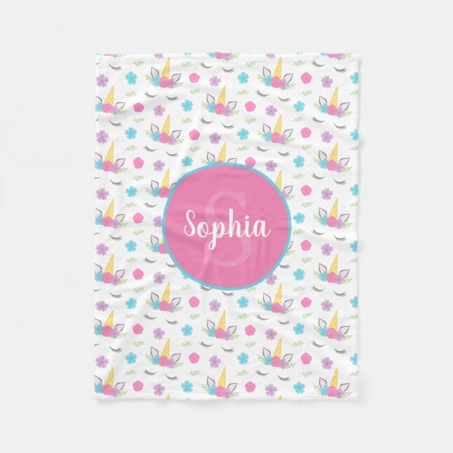 Floral Unicorn Face Personalized Monogram Fleece Blanket (Front)