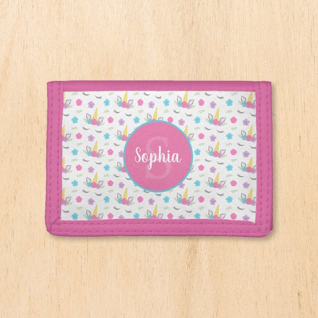 Floral Unicorn Face Personalized Monogram Girls Trifold Wallet (Creator Uploaded)