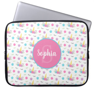Floral Unicorn Face Personalized Monogram Laptop Sleeve