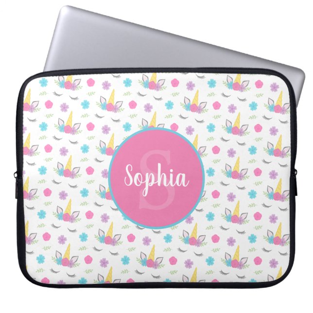 Floral Unicorn Face Personalized Monogram Laptop Sleeve (Front)