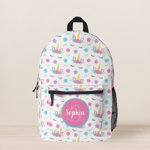Floral Unicorn Face Personalized Monogram Printed Backpack