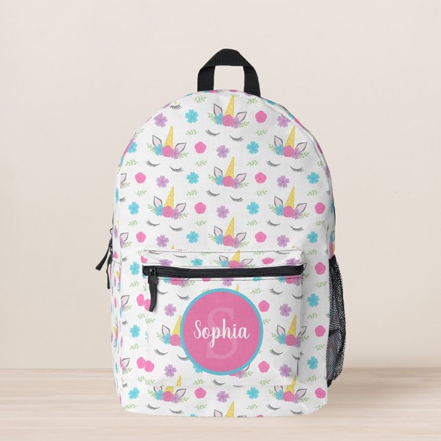 Floral Unicorn Face Personalized Monogram Printed Backpack (Creator Uploaded)