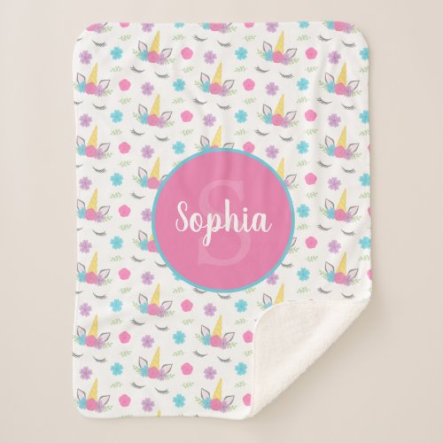 Floral Unicorn Face Personalized Monogram Sherpa Blanket