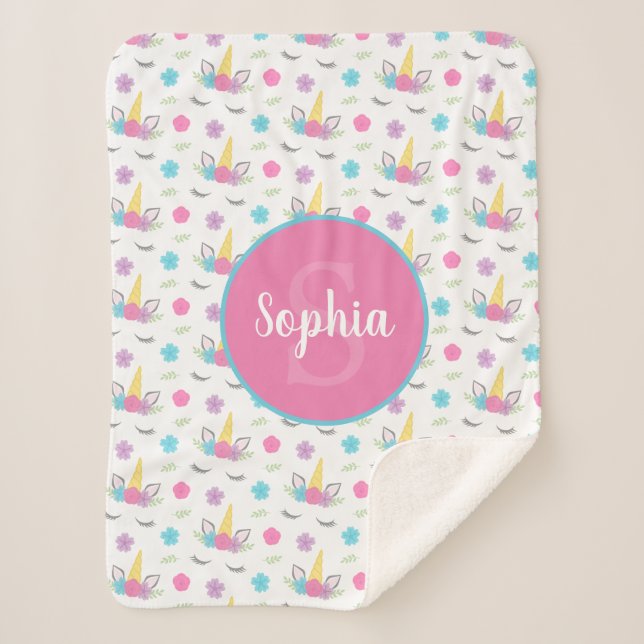 Floral Unicorn Face Personalized Monogram Sherpa Blanket (Front)