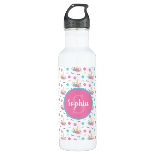 Floral Unicorn Face Personalized Monogram Stainless Steel Water Bottle