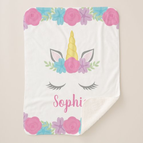 Floral Unicorn Face Personalized Sherpa Blanket