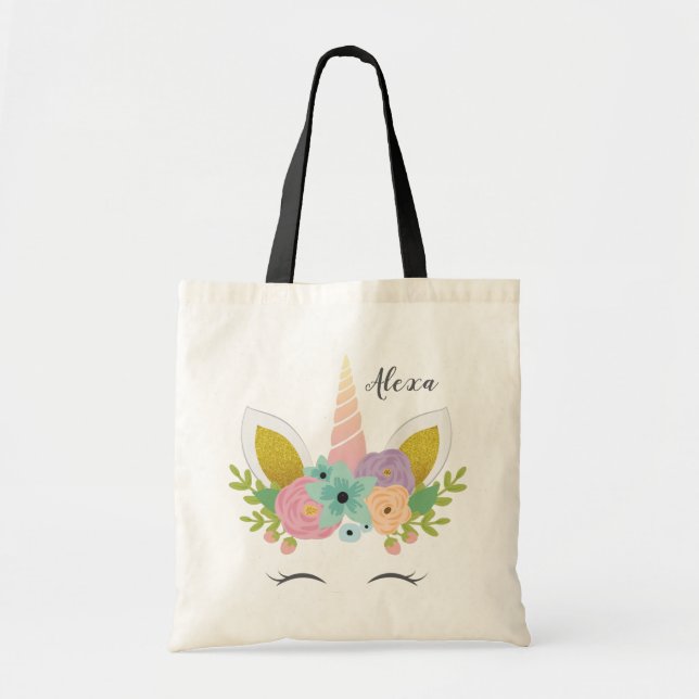 Floral Unicorn Faux Gold Personalized Tote Bag (Front)