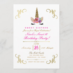 Floral Unicorn Glam Gold Storybook Corners Party Invitation