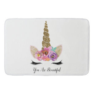 Floral Unicorn Gold Glitter Girly Girls Sparkle Bath Mat