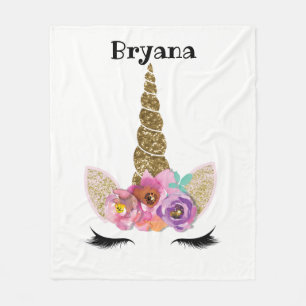 Floral Unicorn Gold Glitter Girly Girls Sparkle Fleece Blanket