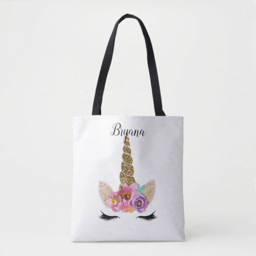 Floral Unicorn Gold Glitter Girly Girls Sparkle Tote Bag