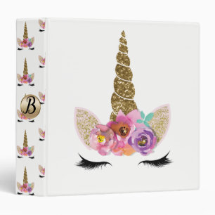 Floral Unicorn Gold Glitter Glam Personalized 3 Ring Binder
