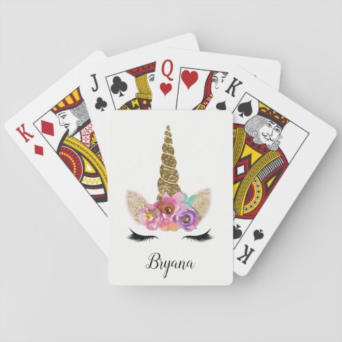 Floral Unicorn Gold Glitter Glam Personalized Poker Cards