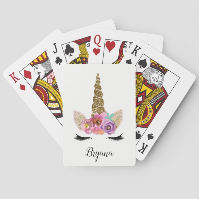 Floral Unicorn Gold Glitter Glam Personalized Poker Cards (Back)