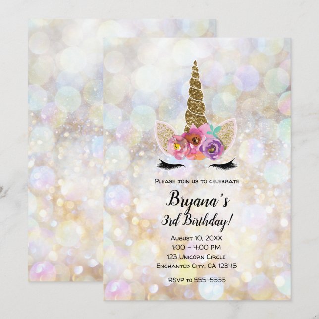 Floral Unicorn Horn Cosmic Glitter Birthday Party Invitation (Front/Back)
