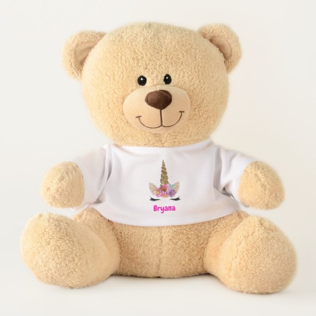 Floral Unicorn Horn Cute Personalized Teddy Bear (Front)