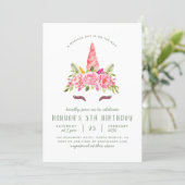 Floral Unicorn Modern Girls Birthday Party Invitation (Standing Front)