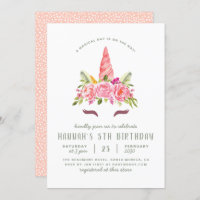 Floral Unicorn Modern Girls Birthday Party Invitation