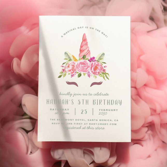 Floral Unicorn Modern Girls Birthday Party Invitation