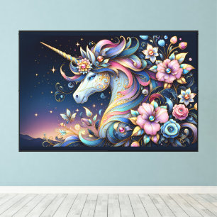 Floral Unicorn Night Fantasy Canvas Print