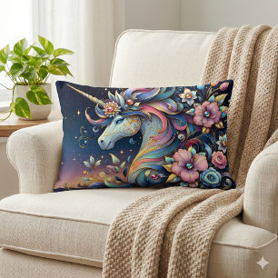 Floral Unicorn Night Fantasy Lumbar Pillow